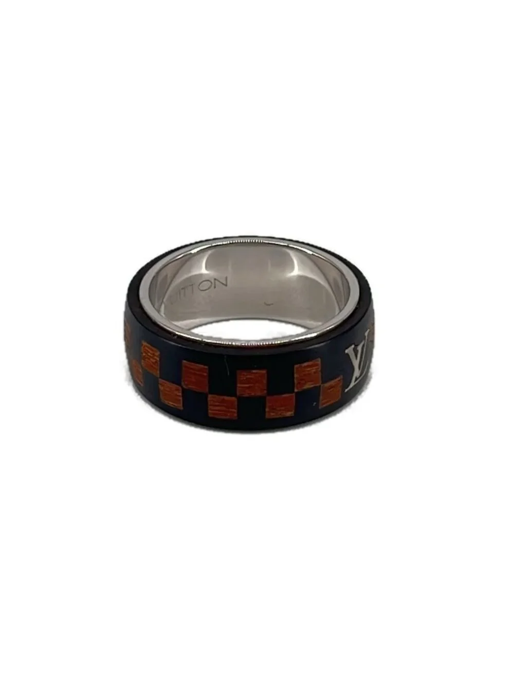 Louis Vuitton Silver Damier Wood Ring 64 Brown